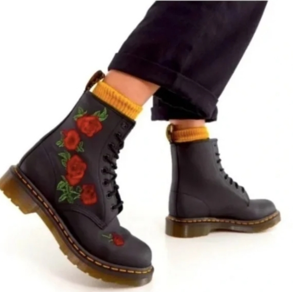 Embroidered leather lace up boots